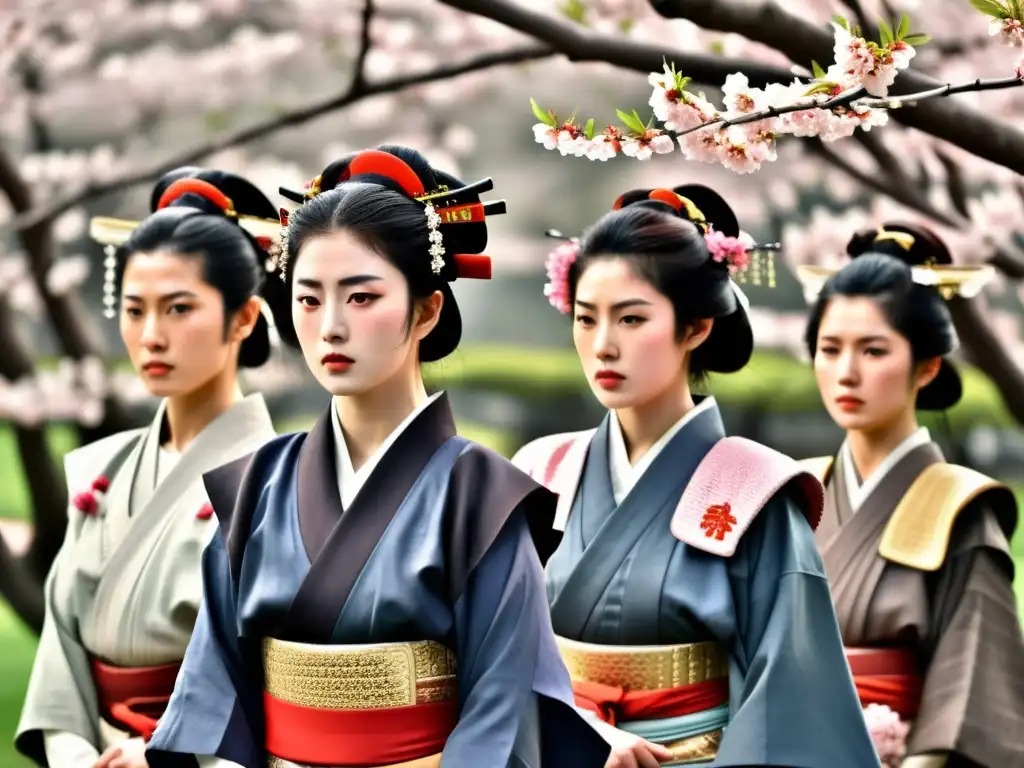 Guerreras Onnabugeisha: Fuerza entre flores de cerezo Un grupo de Onnabugeisha guerreras samurái en formación, rodeadas de cerezos en flor