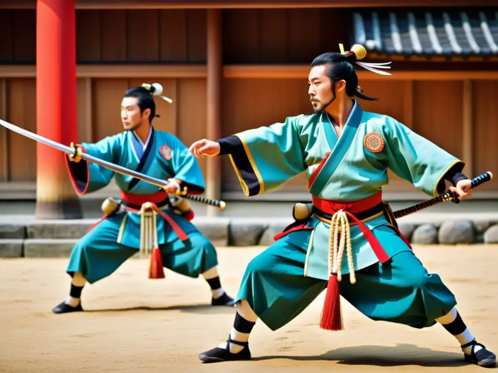 Grupo de guerreros ejecutando la danza del Festival Kembu en Kioto, con trajes vibrantes y movimientos fluidos