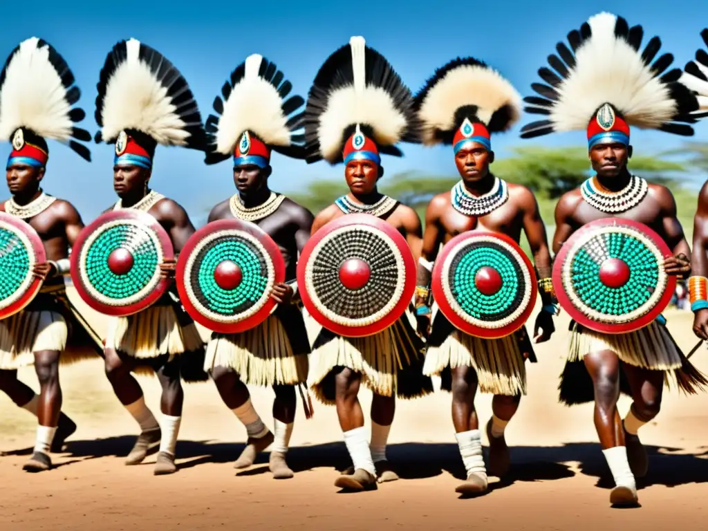 Un grupo de guerreros Zulúes ejecutando una danza de guerra tradicional con expresiones fieras y vestimenta detallada