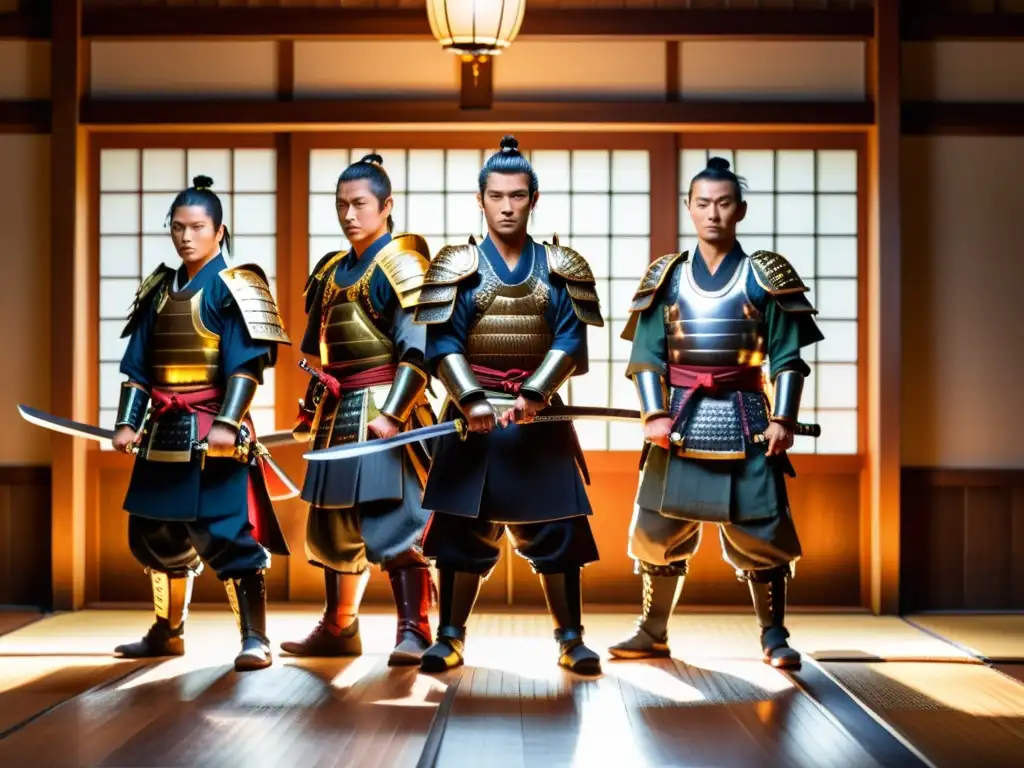 Un grupo de guerreros samurái entrena en un dojo japonés tradicional con katanas