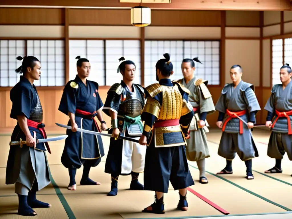 Un grupo de guerreros extranjeros practica técnicas de espada en un dojo japonés, bajo la atenta mirada de un sensei