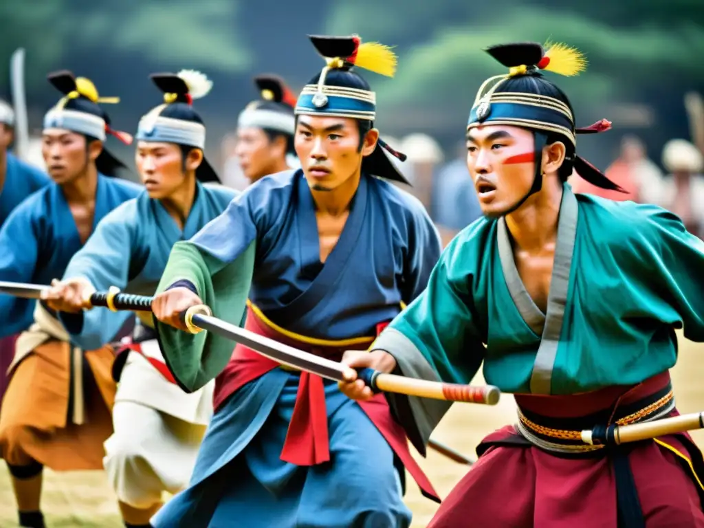 Un grupo de guerreros Kembu en trajes tradicionales, danzando con precisión y determinación en el Festival Kembu de Kioto