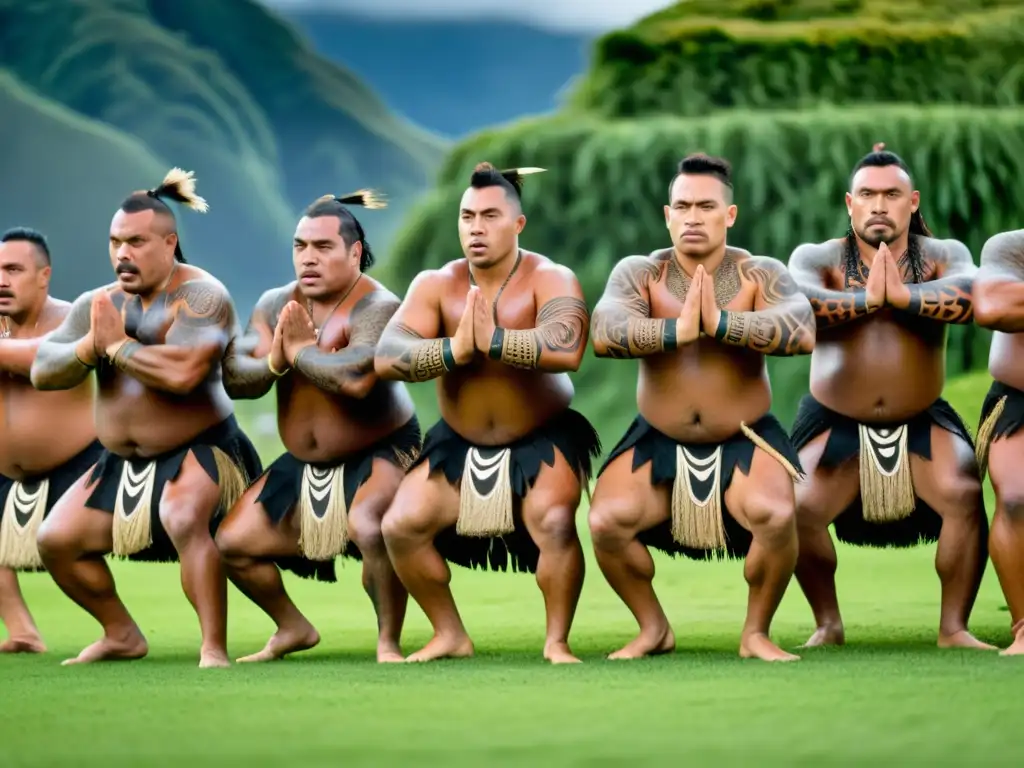 Un grupo de guerreros maoríes realiza la danza haka con moko y capas de lino, mostrando poder, orgullo y ferocidad