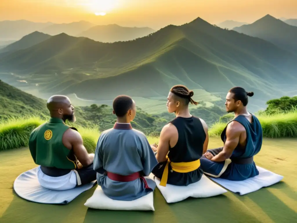 Grupo de guerreros modernos meditan en la cima de la montaña al atardecer, en un ambiente sereno