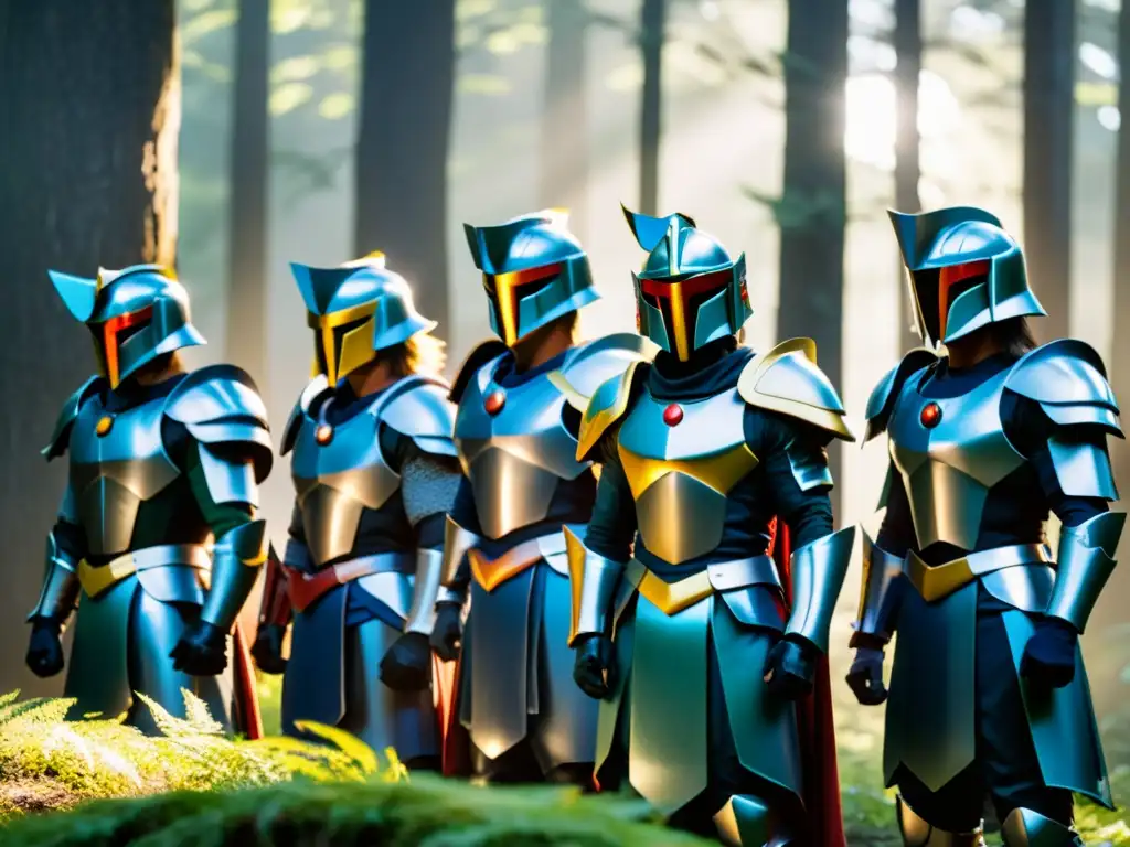 Un grupo de guerreros ronin planificando estrategias de supervivencia en un bosque sombrío