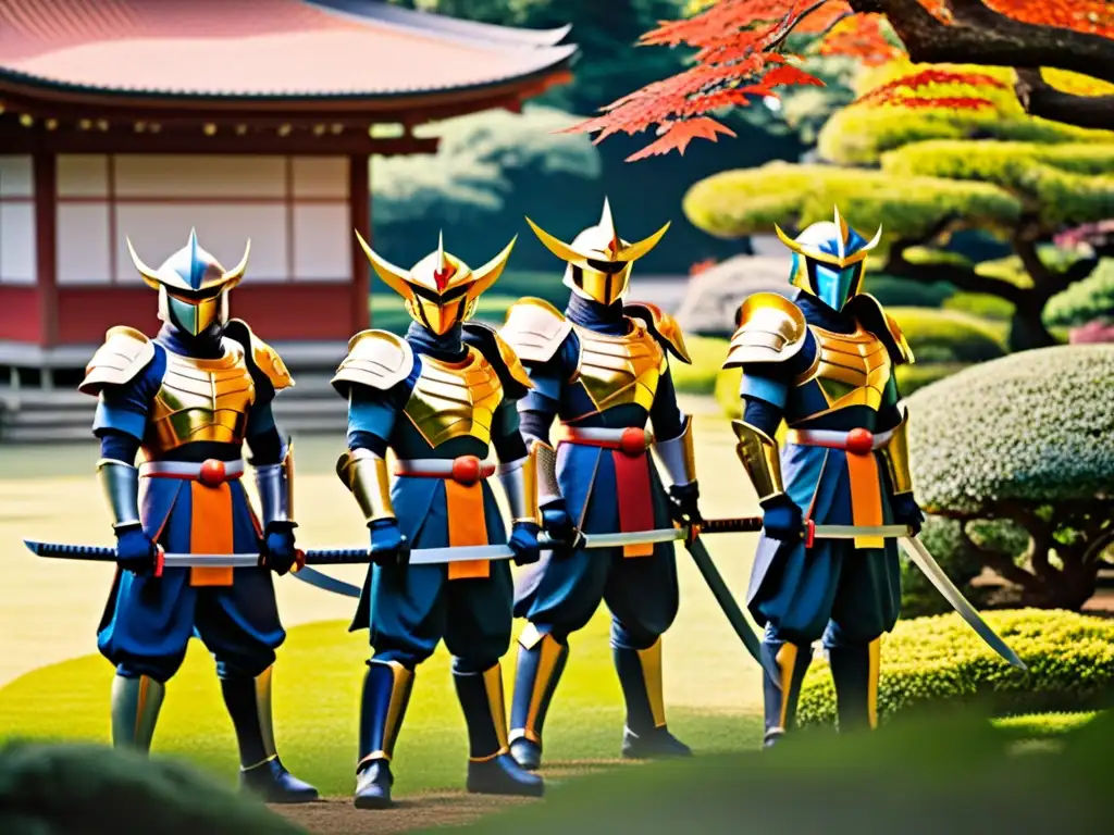 Un grupo de guerreros ronin en un jardín japonés tradicional, con expresiones estoicas y katanas, bajo el sol de la tarde