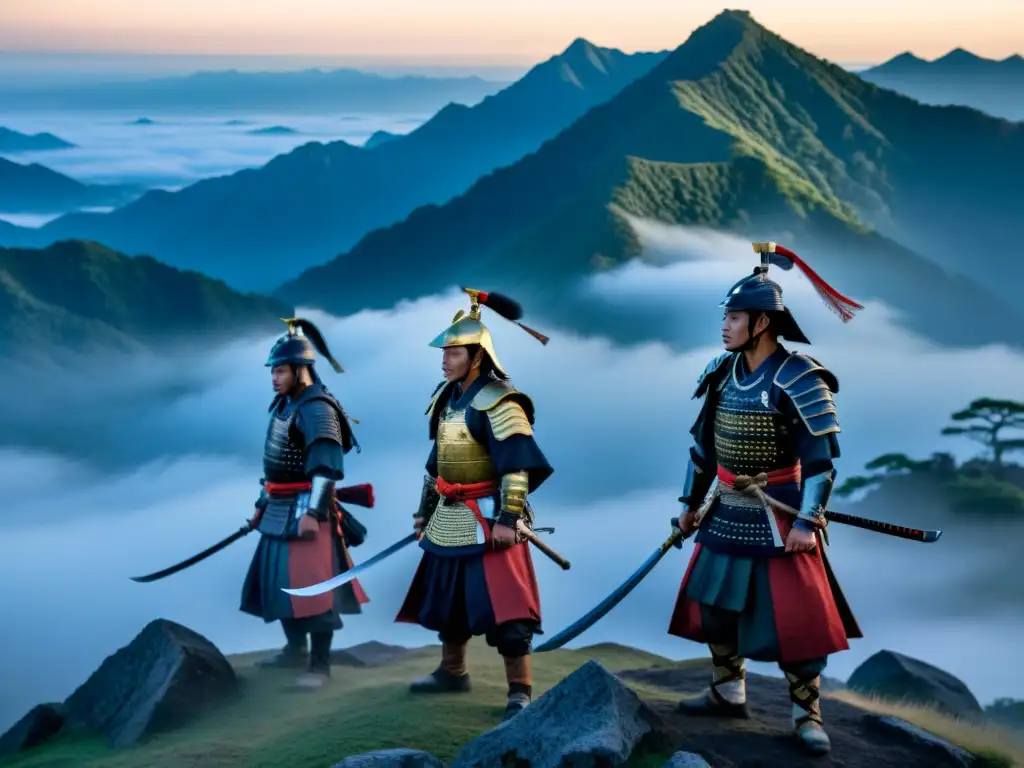 Un grupo de guerreros samurái en armadura tradicional realizando una ceremonia en la cima neblinosa de una montaña al amanecer