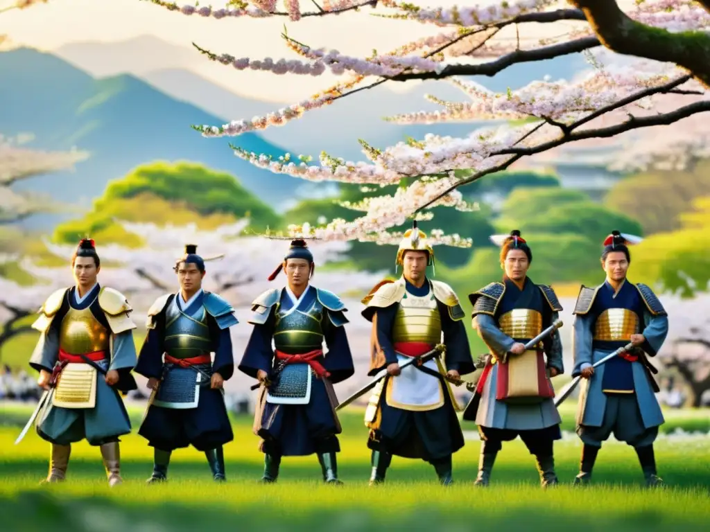 Un grupo de guerreros samurái en armaduras tradicionales tocando música japonesa en un campo florecido al atardecer