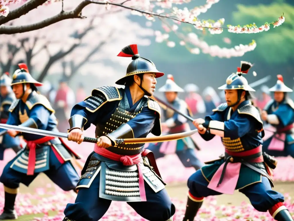 Un grupo de guerreros samurái en armaduras tradicionales recrean una batalla histórica durante el Shingenko Matsuri, entre pétalos de cerezo