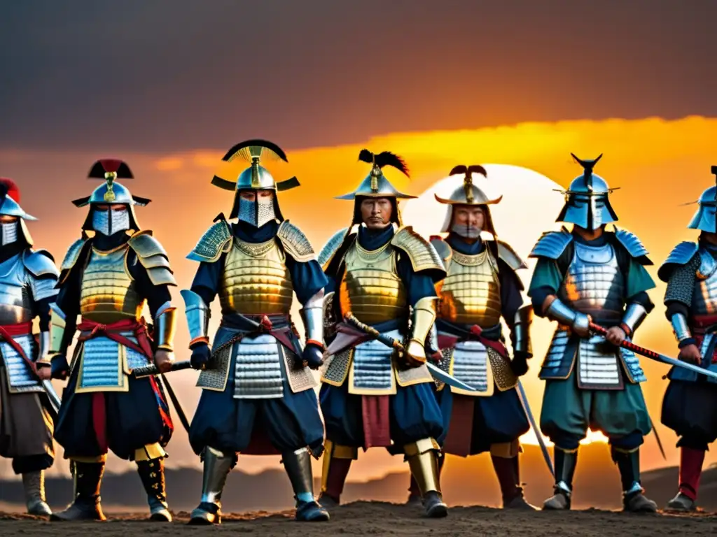 Un grupo de guerreros samurái en armaduras tradicionales, de pie en un campo de batalla con el sol poniéndose detrás de ellos