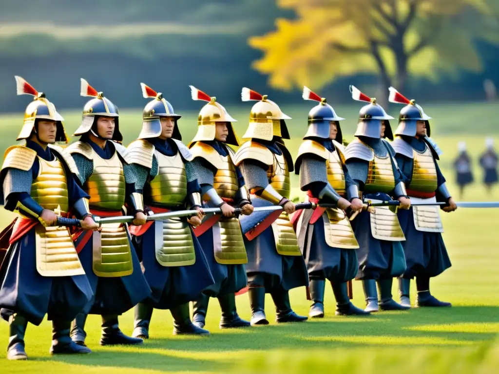 Un grupo de guerreros samurái en formación de combate táctico, entrenando con determinación bajo la atenta mirada de su sensei al amanecer