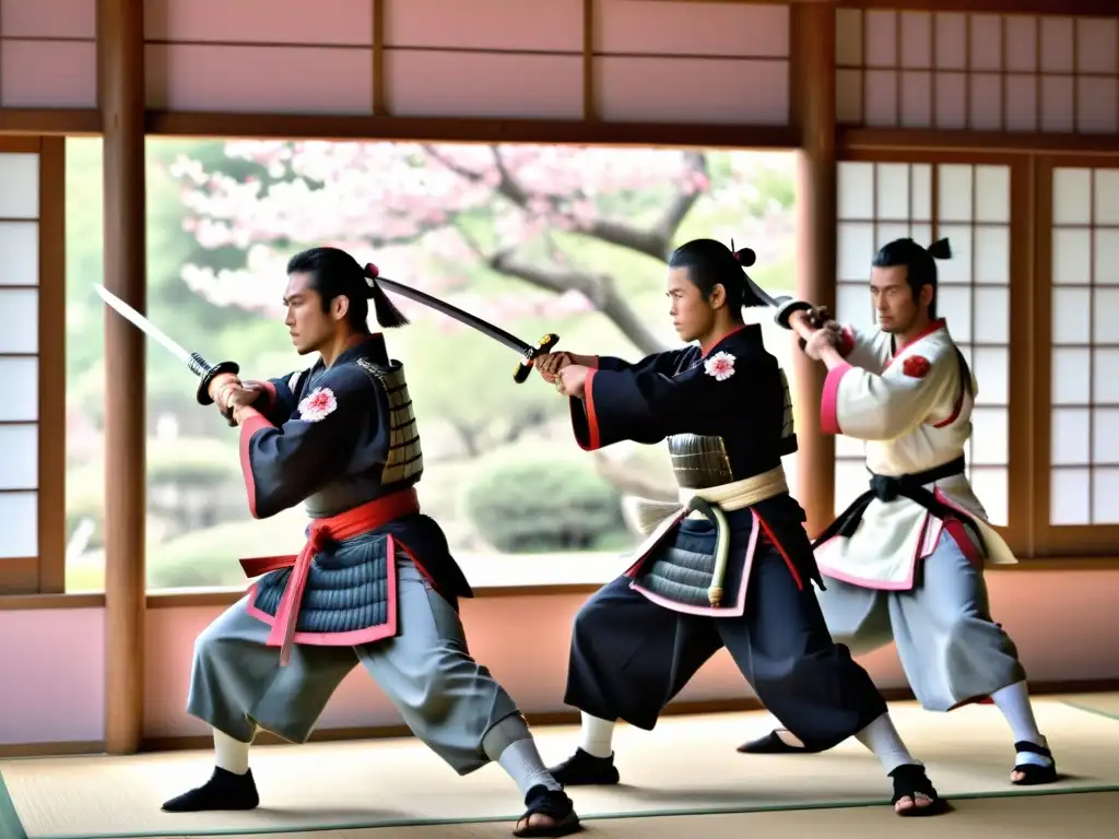 Un grupo de guerreros samurái practicando su esgrima en un dojo tradicional, con árboles de cerezo en plena floración afuera