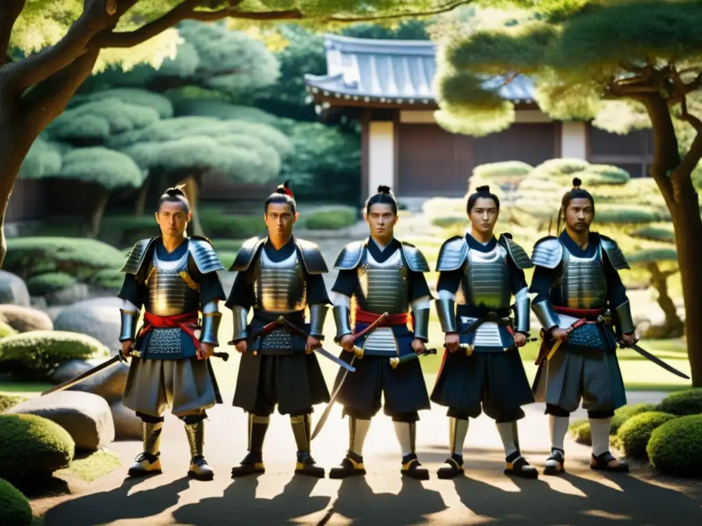 Grupo de guerreros samurái en jardín japonés, evocando la reverencia de leyendas samuráis antiguas