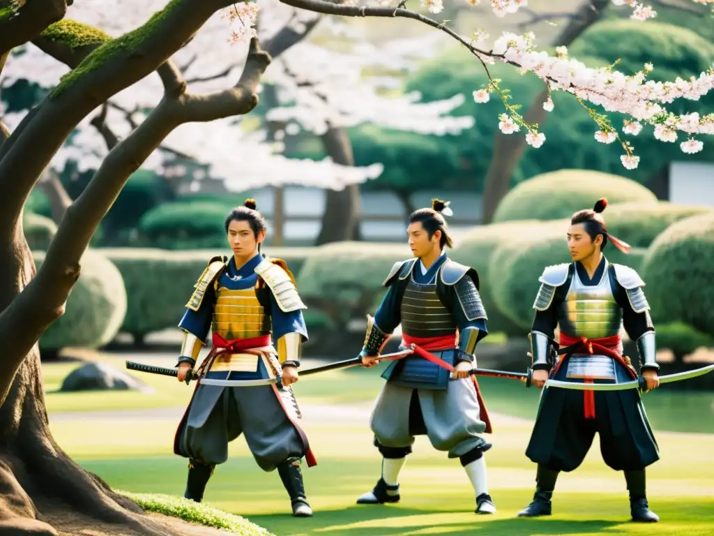 Un grupo de guerreros samurái entrenando con katanas en un jardín japonés, bajo la luz cálida entre los cerezos en flor