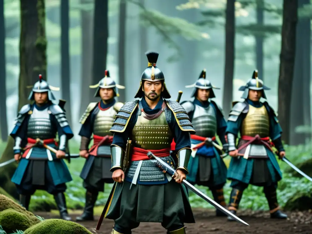 Un grupo de guerreros samurái liderados por Shimazu Tadatsune en un bosque brumoso, listos para la rebelión contra el poder central