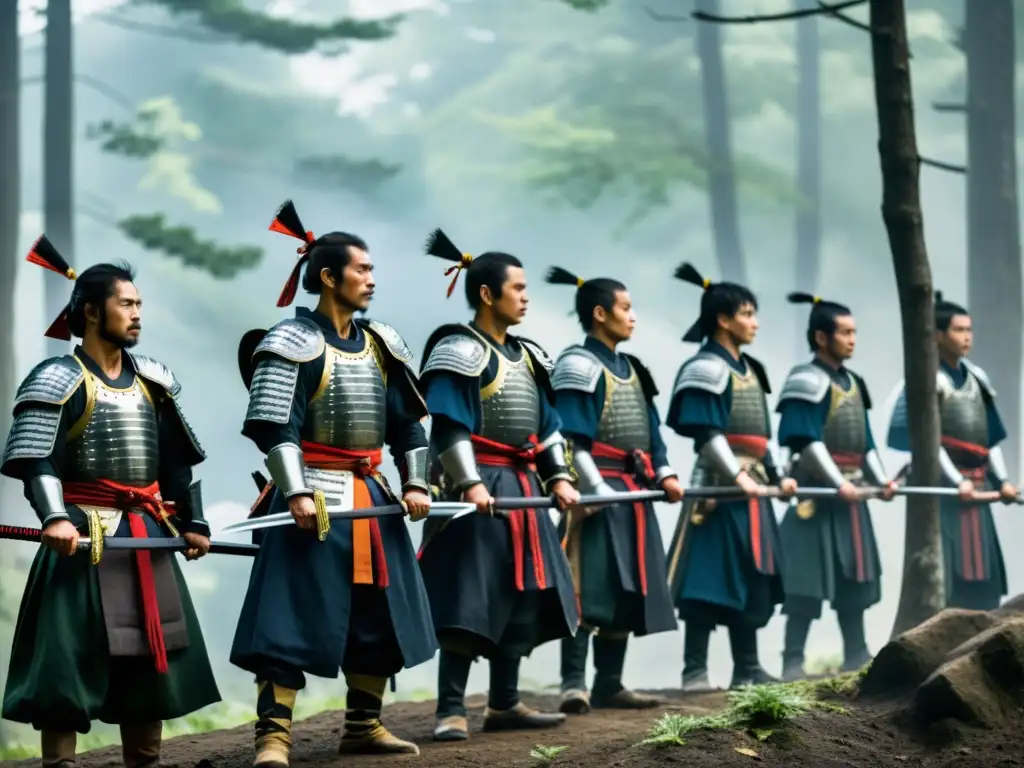 Un grupo de guerreros samurái en formación, listos para la batalla en un bosque neblinoso