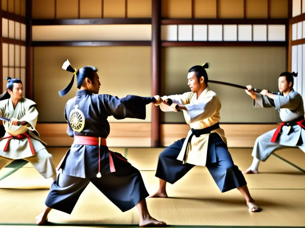 Un grupo de guerreros samurái practicando naginatajutsu en un dojo tradicional, demostrando precisión y enfoque en sus movimientos