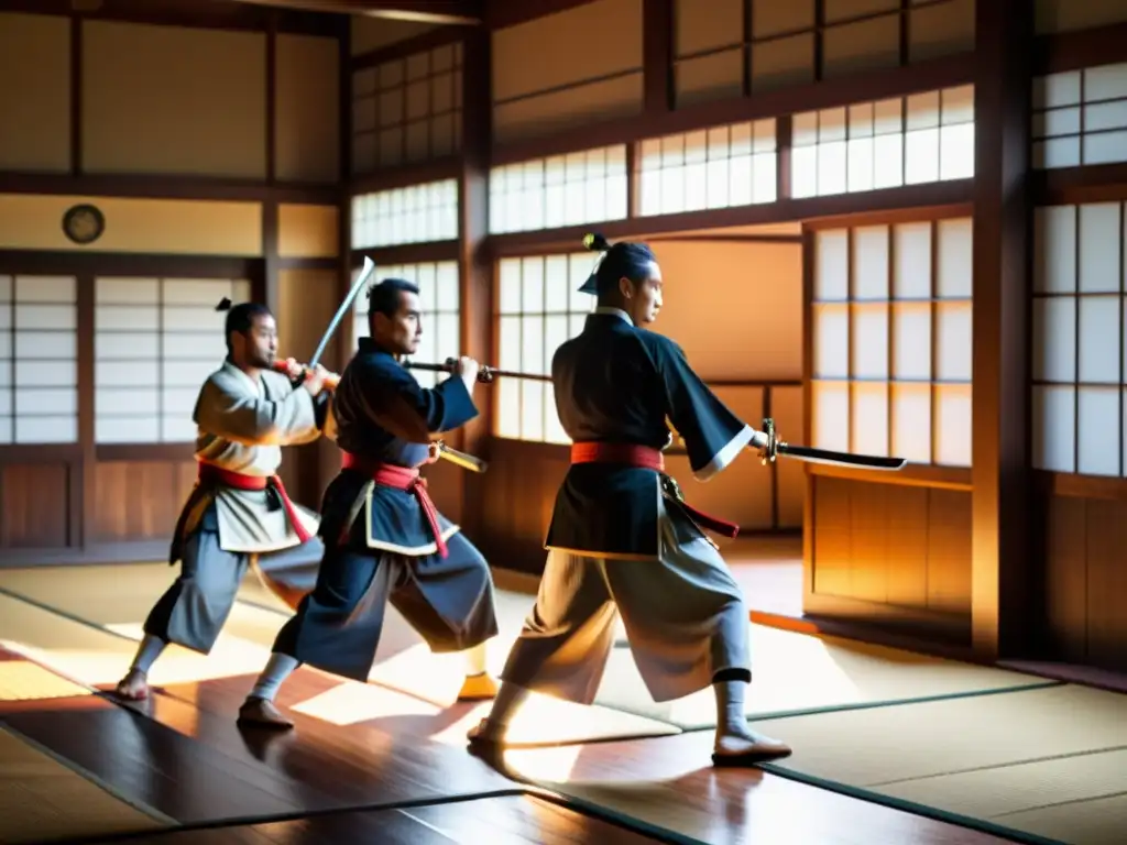 Un grupo de guerreros samuráis en un dojo japonés practicando artes marciales, con un ambiente de disciplina y fuerza