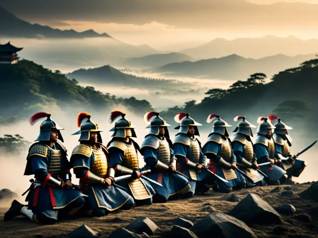 Un grupo de guerreros samuráis en formación estratégica, con influencia del Bushido, en un campo de batalla nebuloso al amanecer