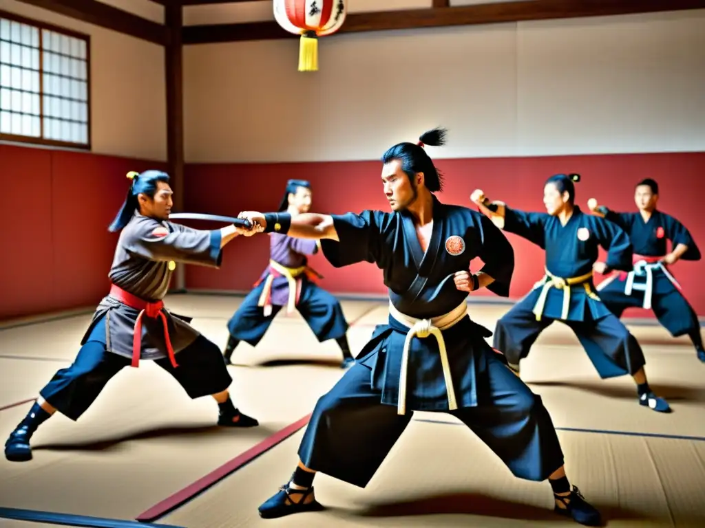 Un grupo de guerreros samuráis en intenso entrenamiento físico, practicando técnicas de artes marciales en un dojo japonés tradicional