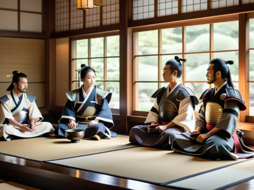 Un grupo de guerreros samuráis en una tradicional casa de té japonesa, reflejando la influencia de la filosofía samurái en el intercambio exterior