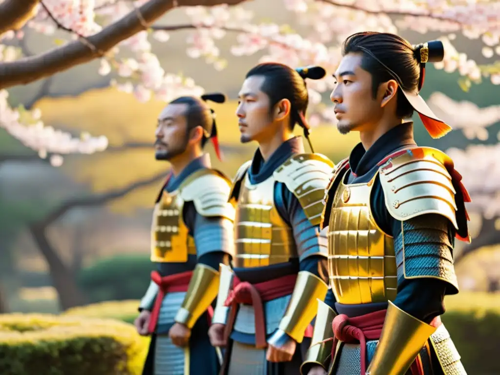 Guerreros Sohei en Jardín Japonés al Atardecer Un grupo de guerreros Sohei en un jardín japonés con cerezos en flor