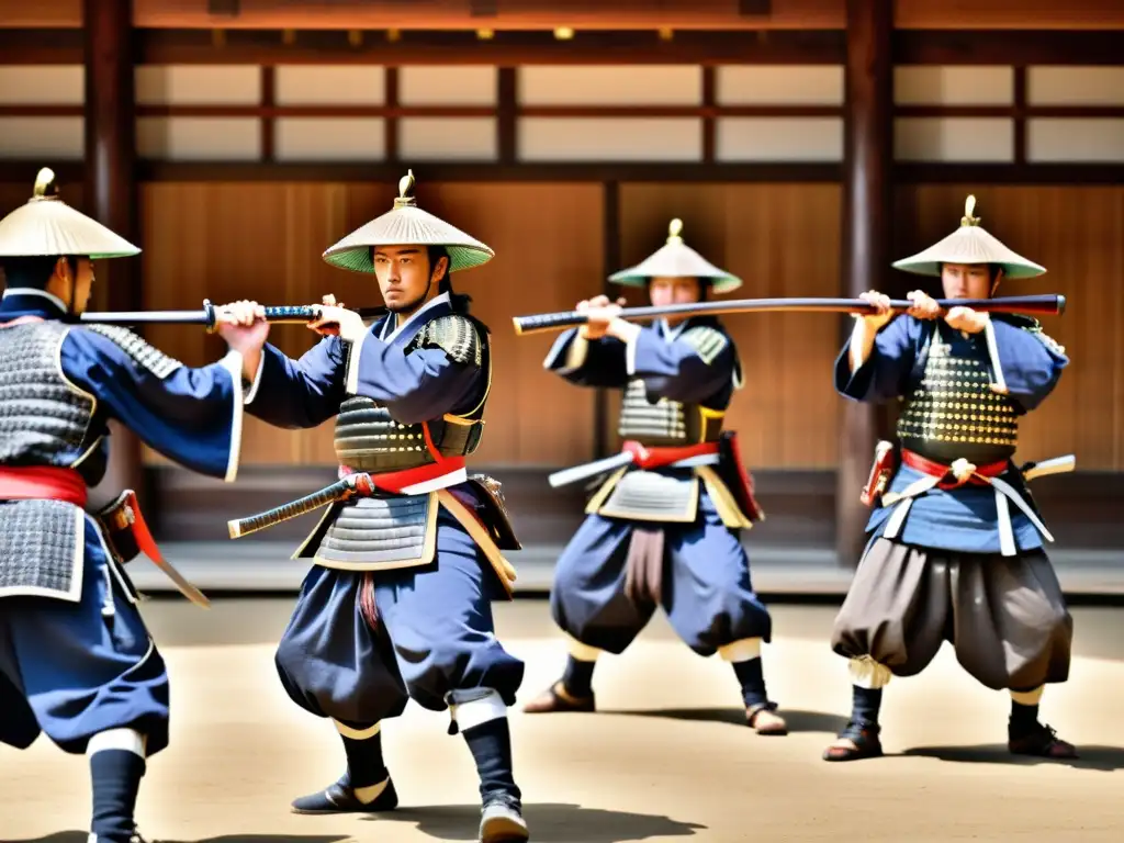 Un grupo de guerreros samurái entrena tácticas con rifles Matchlock en un dojo japonés, fusionando tradición y armas de fuego