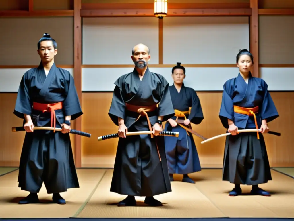 Grupo de hábiles practicantes de Iaido en un dojo tradicional, capturando la esencia de las reglas competición Iaido espada japonesa