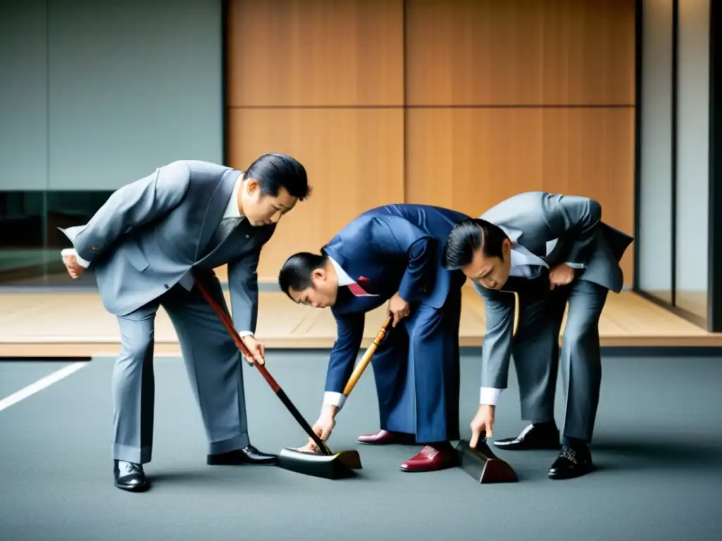 Un grupo de hombres de negocios japoneses en trajes tradicionales, mostrando respeto al entrar a un edificio moderno