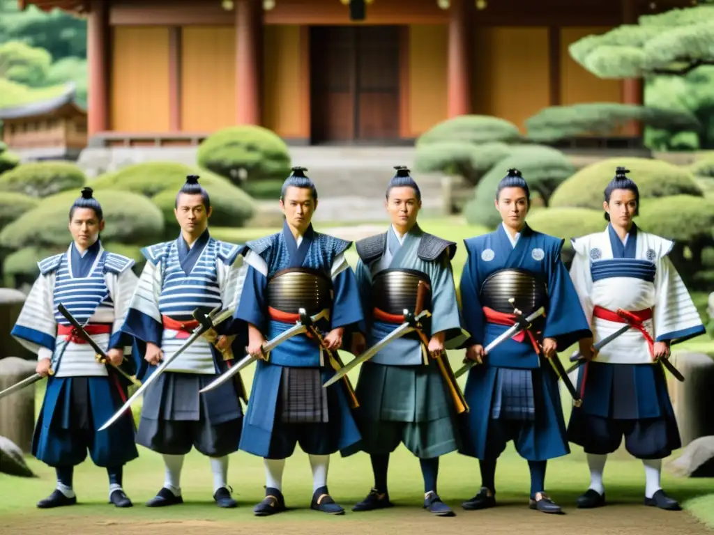 Samuráis del Shinsengumi en Mibu Temple, Kyoto Un grupo impresionante de guardias samurái Shinsengumi en formación frente al histórico Templo Mibu en Kyoto, Japón