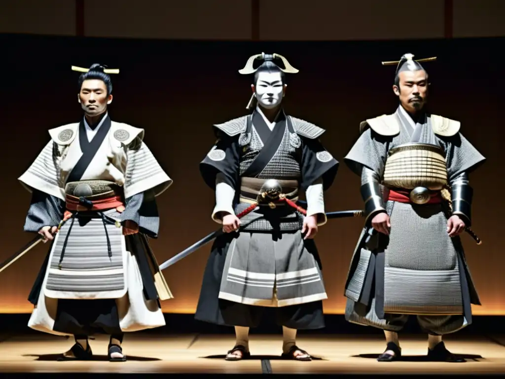 Un grupo de intérpretes de Noh viste trajes tradicionales de samurái en el escenario, mostrando el significado espiritual del Noh samurái