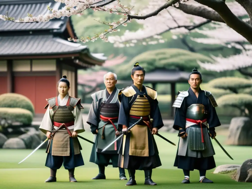 Grupo de ronin samurái en jardín japonés, mostrando su evolución en la disciplina y honor, bajo la luz del amanecer y un castillo antiguo al fondo