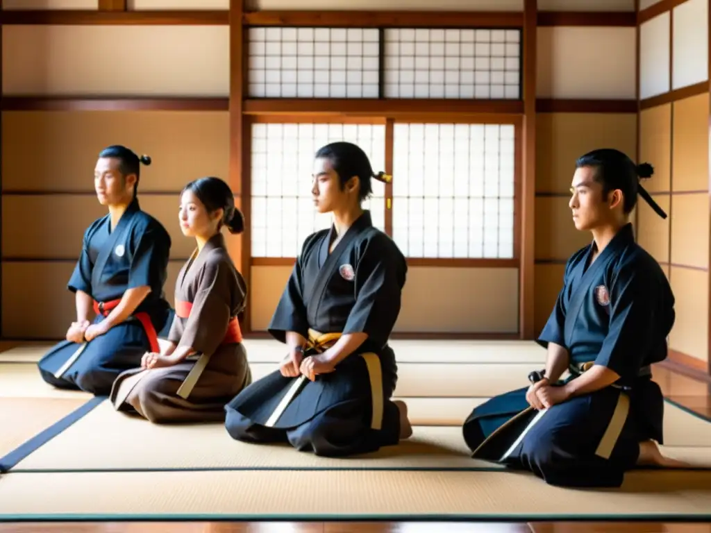 Grupo de jóvenes aprendices de samurái practicando técnicas marciales en un dojo tradicional, bajo la atenta mirada de su sensei