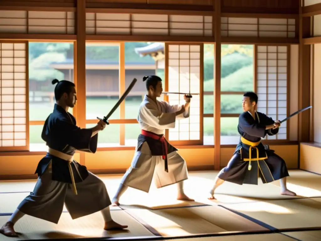 Un grupo de jóvenes aprendices de samuráis practican artes marciales en un dojo japonés, bajo la atenta mirada del sensei