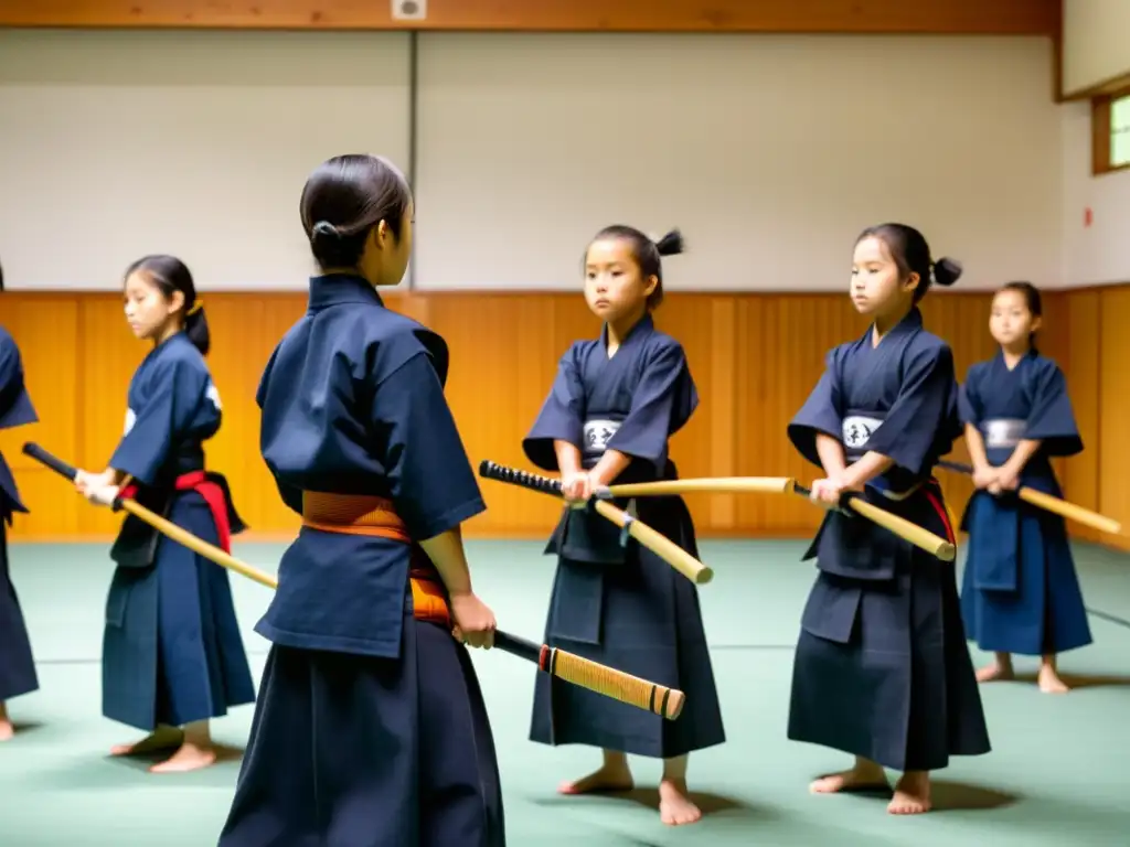 Grupo de jóvenes practicando Kendo con disciplina y enfoque en un dojo tradicional, destacando los beneficios del Kendo para disciplina