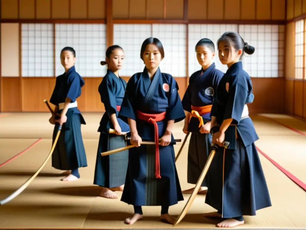 Grupo de jóvenes practicando kendo en un dojo iluminado, mostrando disciplina y concentración