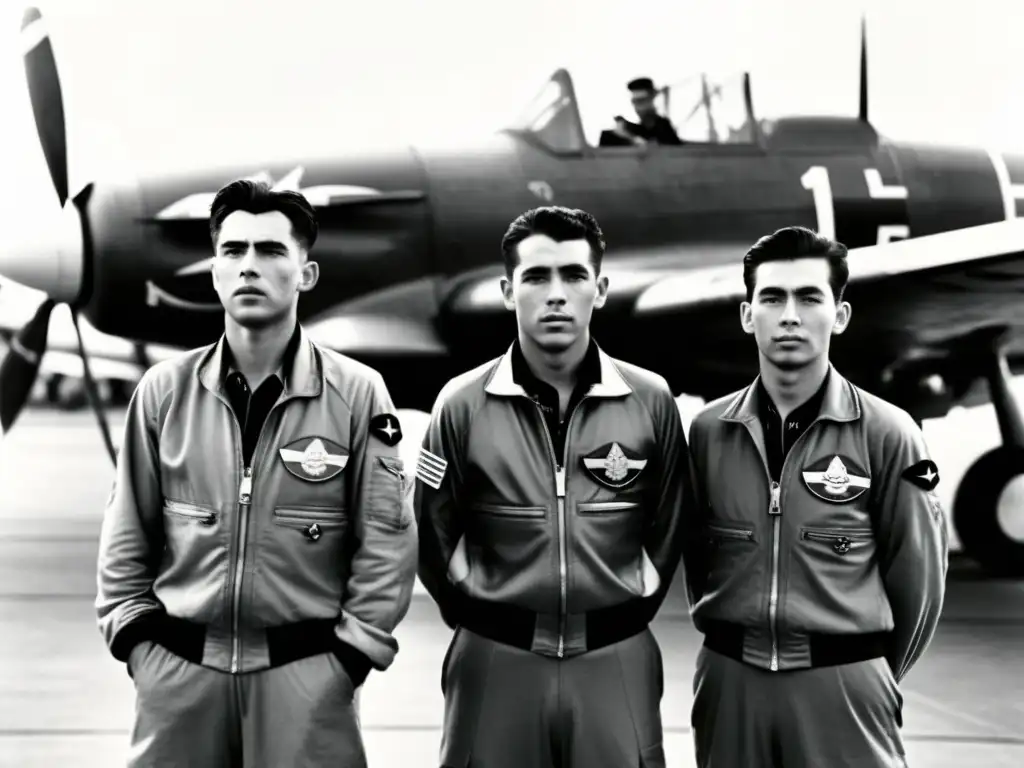 Grupo de jóvenes pilotos kamikaze con expresiones serias frente a sus aviones, evocando la conexión samurái