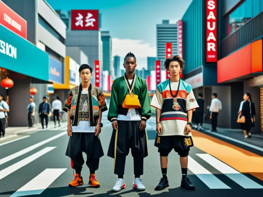 Grupo de jóvenes vistiendo prendas samurai en el streetwear, mostrando su estilo urbano moderno con influencias japonesas