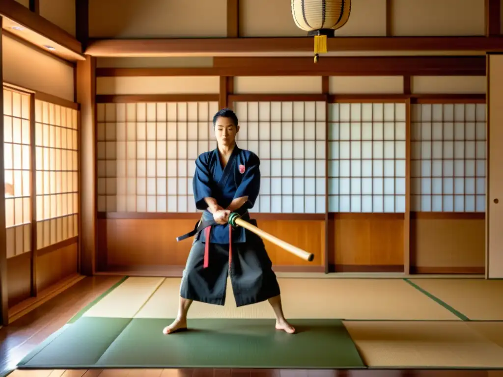 Grupo de judokas entrenando en un dojo japonés tradicional, mientras un sensei demuestra Iaido con un katana reluciente