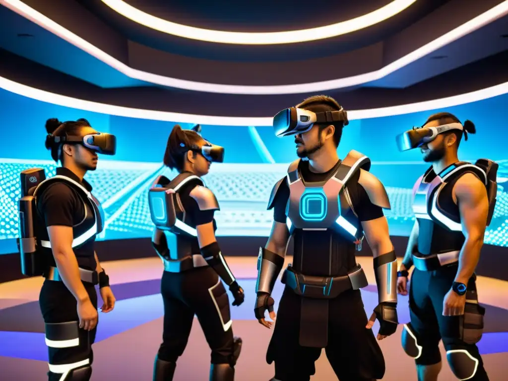 Grupo de jugadores cibernéticos en exoesqueletos samurái, inmersos en un combate de realidad virtual