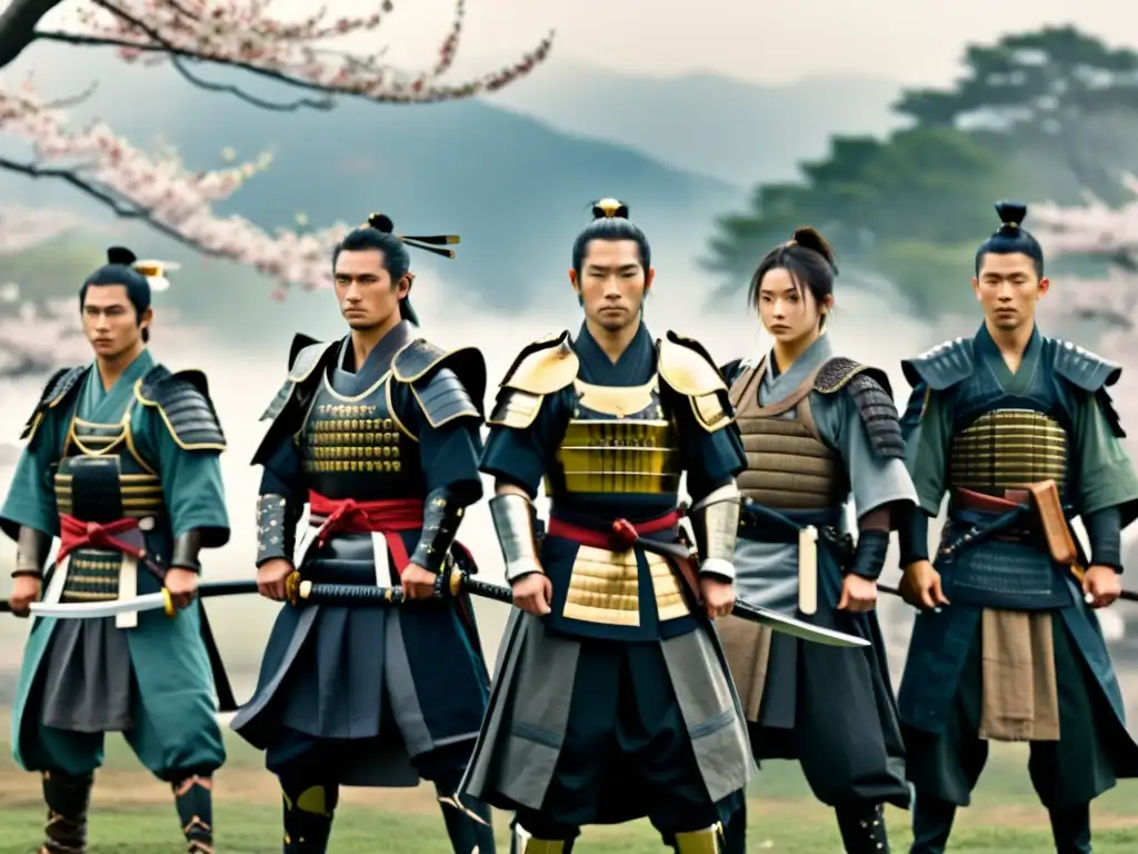 Samuráis en formación: honor y conflicto en la tradición Un grupo de guardia samurái Shinsengumi en formación, con katanas en mano, rodeados de niebla y pétalos de cerezo
