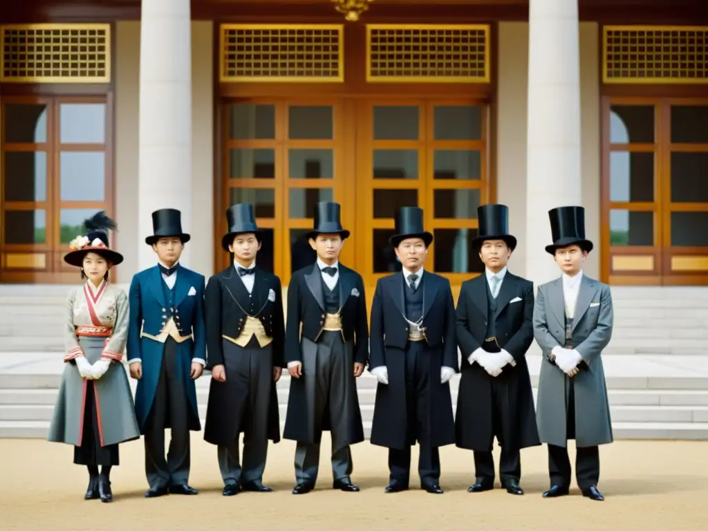 Grupo de líderes japoneses del período Meiji en formación en el extranjero, mostrando la influencia occidental en su vestimenta y actitud frente a una majestuosa edificación europea