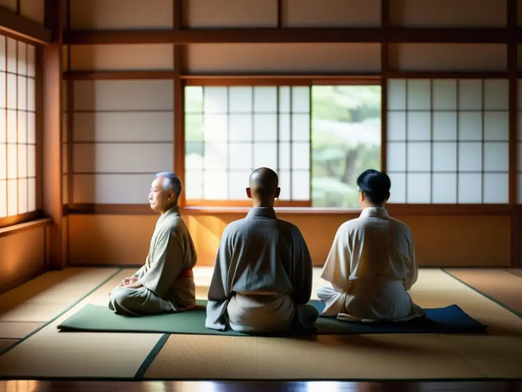 Grupo de maestros Zen contemporáneos meditando en un salón japonés al amanecer, transmitiendo serenidad y sabiduría