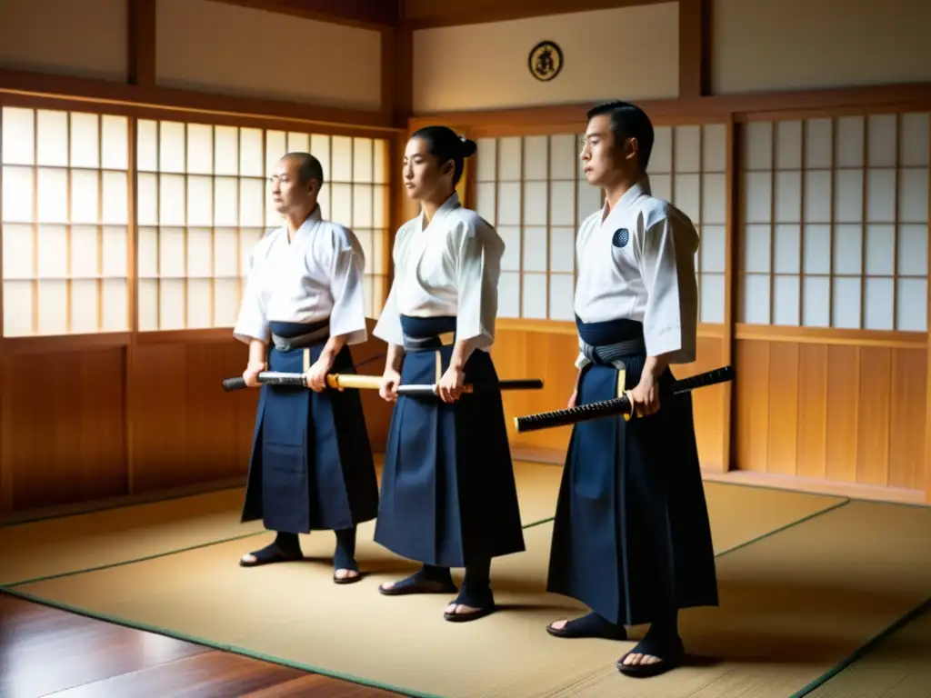 Un grupo de maestros de Kendo con expresiones enfocadas, listos para practicar kendo en un dojo tradicional con luz dorada