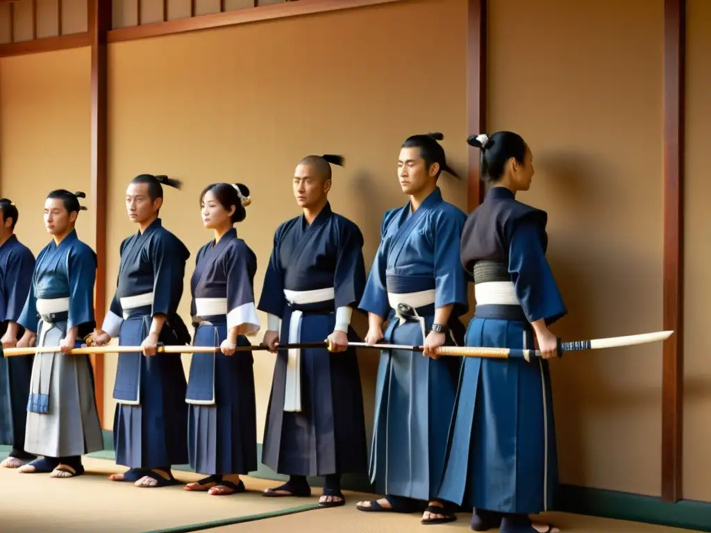 Un grupo de maestros de Kendo, vestidos con el tradicional kendogi y hakama, se preparan para demostrar sus katas de Kendo samurái precisión bajo la cálida luz del sol poniente en el tranquilo dojo