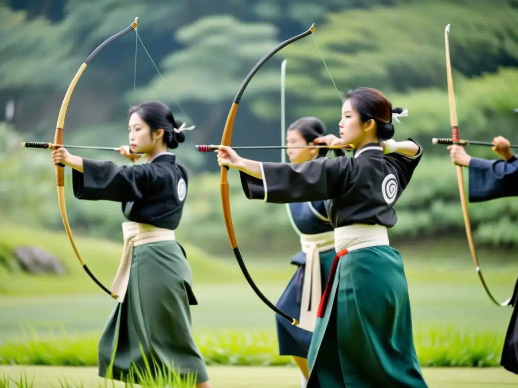 Un grupo de maestros de kyudo vestidos con atuendo tradicional japonés, listos para disparar flechas en un escenario sereno