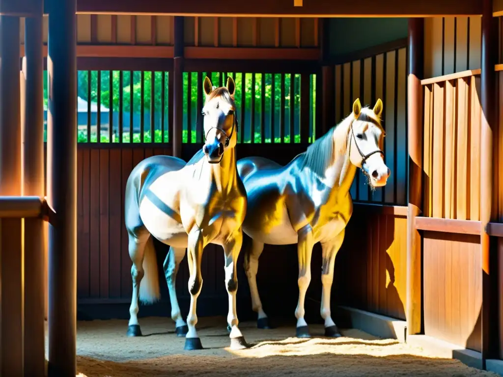 Un grupo de majestuosos caballos Akhal-Teke, favoritos de los samuráis, brillan bajo la cálida luz matutina en un establo japonés