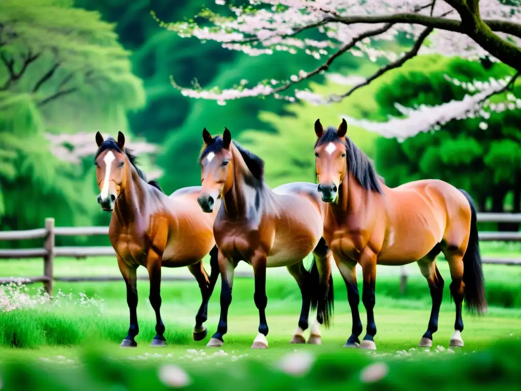 Grupo de majestuosos caballos samurái en un campo verde con árboles de cerezo en flor