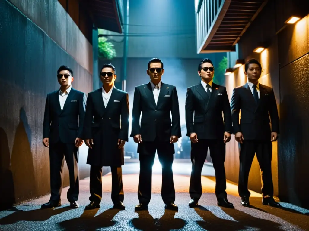 Un grupo de miembros de Yakuza en trajes negros tradicionales y lentes de sol, con uno de ellos inclinándose en respeto en un callejón sombrío