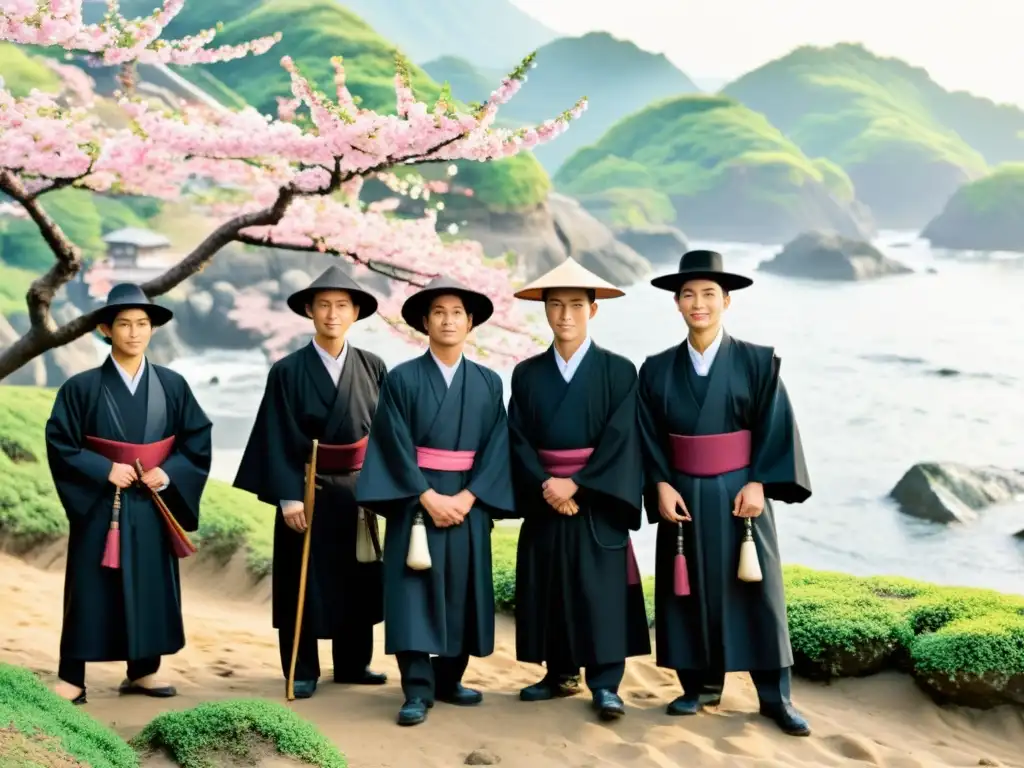 Un grupo de misioneros jesuitas observa el amanecer en la costa de Japón, mientras los cerezos florecen